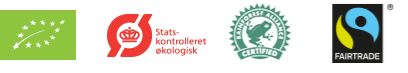 Logo af økologi, Rainforest Alliance og Fairtrade